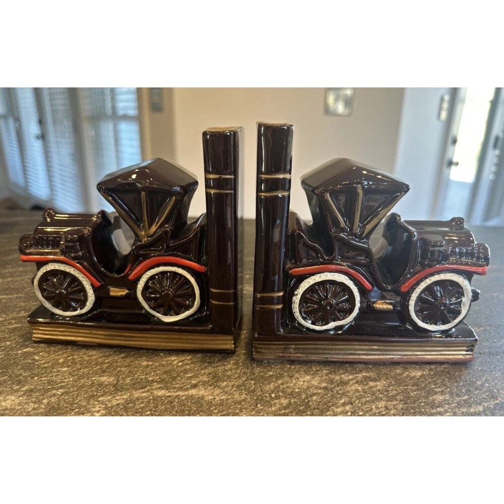Vintage Antique Old Car Bookends Brown Ceramic Painted Set Of 2 Made In Japan